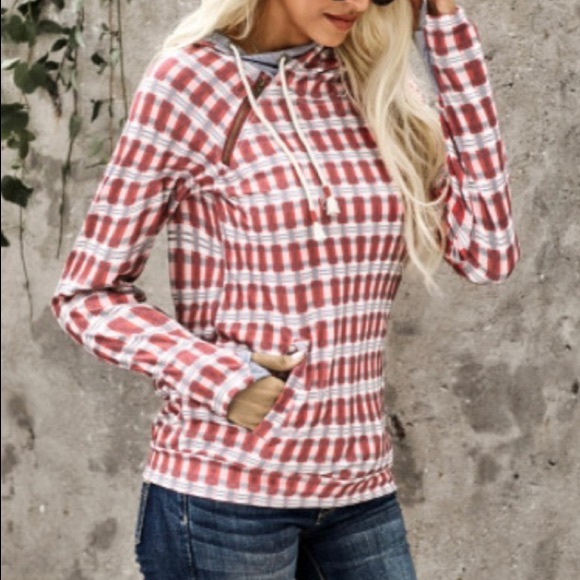 Red Plaid Cowl Neck Hoodie - Picture 3 of 6